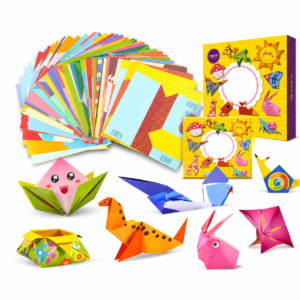 Colorful origami animals and paper crafts arranged with patterned envelopes and boxes, on a white background
