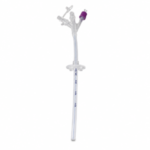 Clear medical airway adapter with a Y-shaped multiport connector and purple cap attached to a long, marked tube.