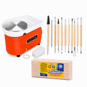 Orange pottery wheel with foot pedal and a set of wooden-handled sculpting tools plus a block of sculpting clay for pottery and modeling.