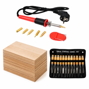 Woodworking carving kit: 12-piece chisel set, wooden block, assorted brass chisel tips, and a red storage case with tools laid out on white background