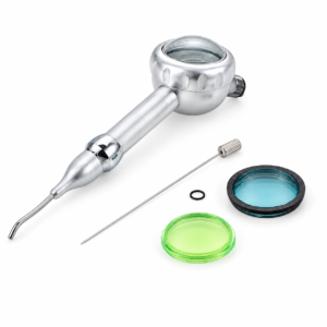 Precision handheld inspection tool with magnifying head and interchangeable colored caps and slim probes for micro-work (lab or dental).
