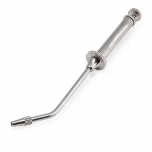 Dental drill handpiece with angled neck on a white background, showing its rotating chuck and knurled grip