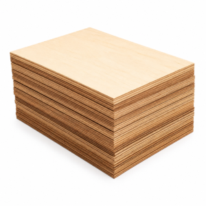 Tall stack of plywood sheets with visible layered edges, light wood tone on white background