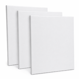 Three blank white canvases standing upright in a row, slightly angled toward the viewer