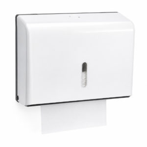 White rectangular wall-mounted paper towel dispenser with a sheet of towel fed from the bottom slot