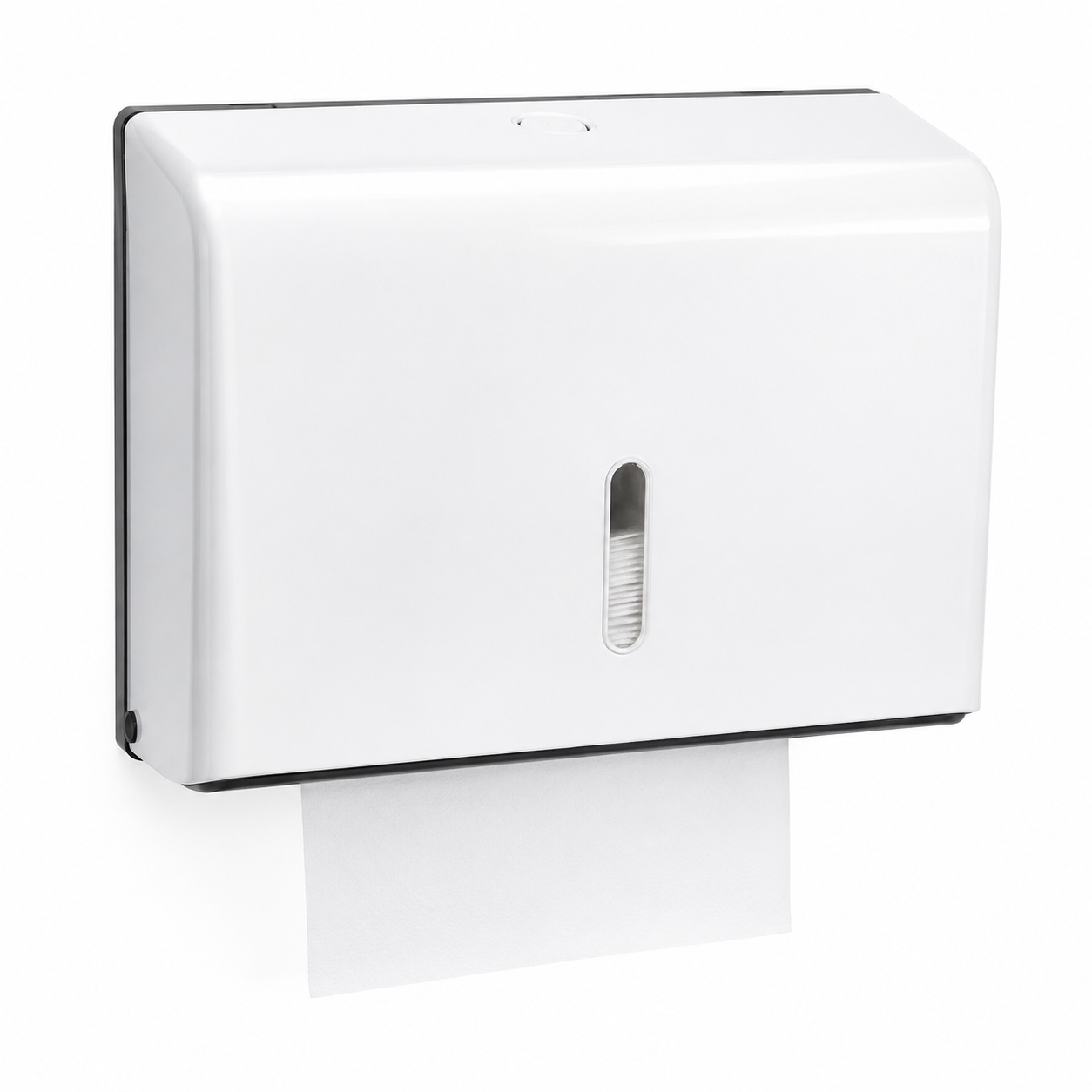 White rectangular wall-mounted paper towel dispenser with a sheet of towel fed from the bottom slot