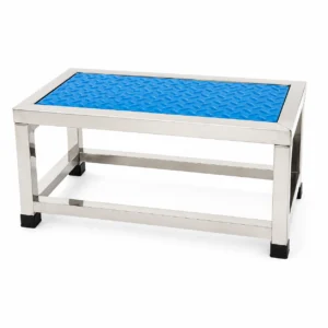 Industrial stainless steel bench with a blue diamond-plate top and black rubber feet
