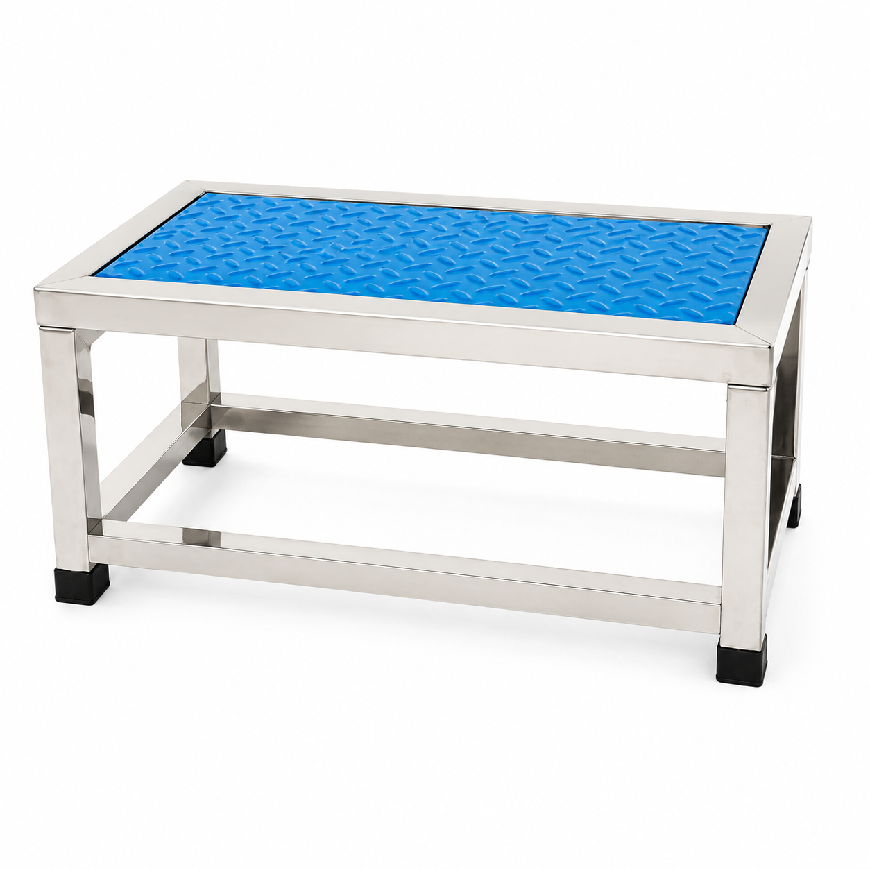 Industrial stainless steel bench with a blue diamond-plate top and black rubber feet