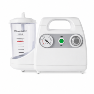 Phlegm suction device with 1000 mL collection bottle and control panel showing gauge, green On switch, and knob on white housing