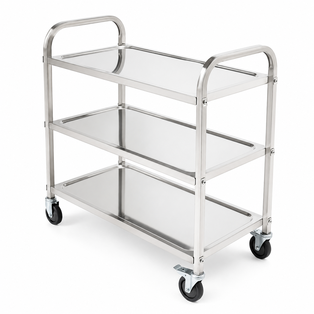 Stainless steel three-tier utility cart with wheels on a white background