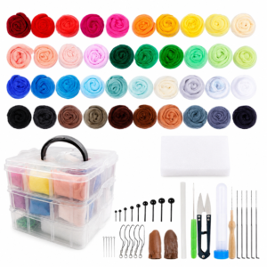 Rainbow rows of yarn skeins with a clear multi-compartment storage box and assorted knitting and felting tools.