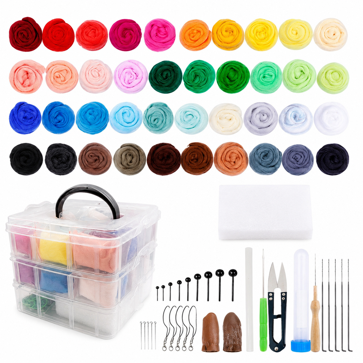 Rainbow rows of yarn skeins with a clear multi-compartment storage box and assorted knitting and felting tools.