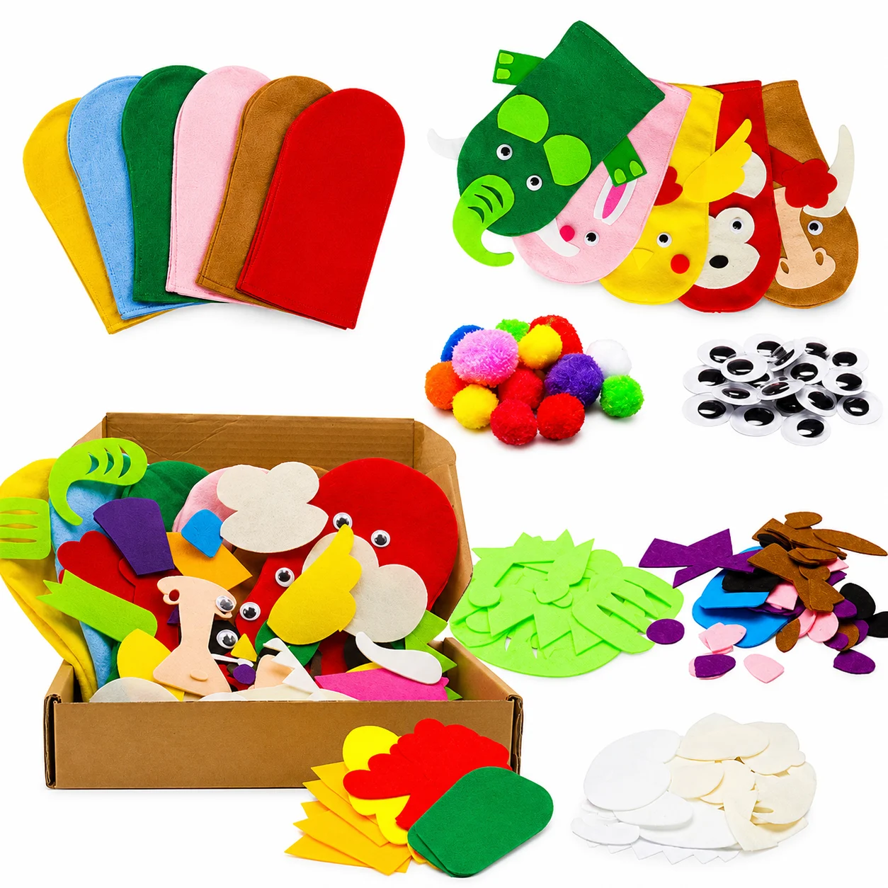 Colorful craft supplies including felt sheets, foam shapes, pom-poms, googly eyes, and animal masks on a white background.