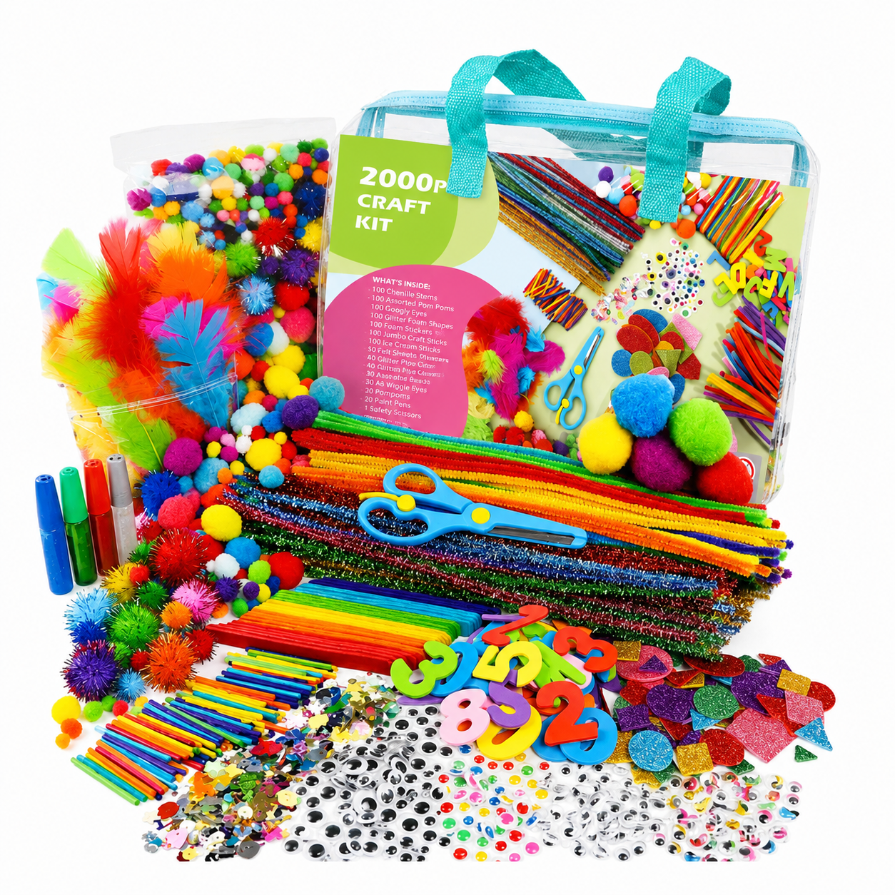 Colorful craft kit contents spilling from a clear bag, including pom-poms, feathers, pipe cleaners, beads, and scissors.