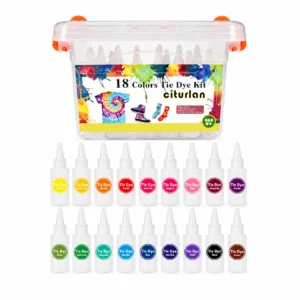 18-color tie-dye kit with squeeze bottles and storage tub, labeled colors visible on bottles