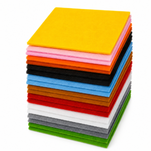 Stack of colorful felt sheets stacked in a rainbow of colors (yellow on top, then pink, orange, blue, green, and more).