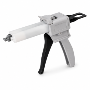 Caulking gun loaded with a white sealant cartridge and gray handle, ready to dispense adhesive.