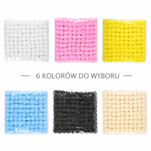 Six packs of tiny rose-shaped beads in six colors: white, pink, yellow, blue, black, and cream.