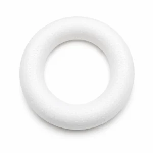 White foam doughnut-shaped ring with a hollow center and textured surface, viewed from above.