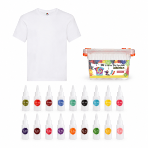 White T-shirt and a 18-color tie-dye kit with bottles lined up below and a colorful dye tub on the right.