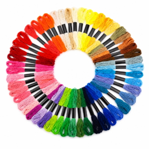 Circular display of rainbow-colored embroidery thread skeins arranged in a gradient ring.