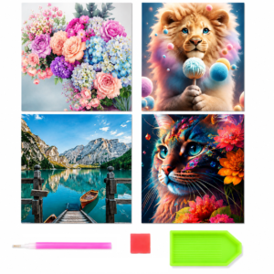 Collage of four art prints: top-left bouquet of pink, peach, and blue flowers vs. background pale blue.