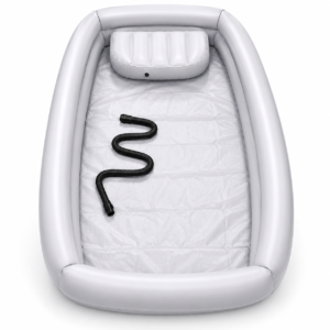 Gray inflatable boat interior with a black spiral air hose laid along the floor