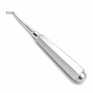 Stainless steel dental tool with a curved angled tip, used for extractions or probing teeth.