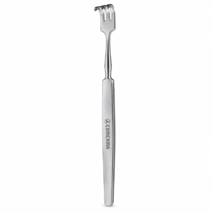 Corigma stainless steel dental scaler with a three-pronged fork tip.