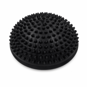 Black round massage ball with evenly spaced raised spikes for muscle relief.