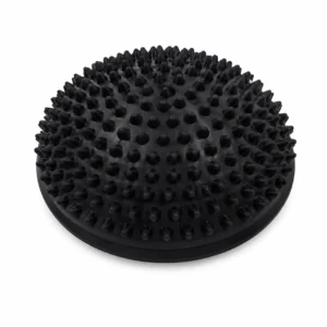 Black round massage ball with evenly spaced raised spikes for muscle relief.
