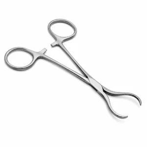 Two stainless steel surgical instruments crossed: a straight-ring scissors and a curved needle holder with serrated jaws.