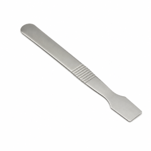Stainless steel flat-spread knife with a rounded tip and grooved grip area for spreading butter or condiments.