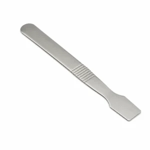 Stainless steel flat-spread knife with a rounded tip and grooved grip area for spreading butter or condiments.