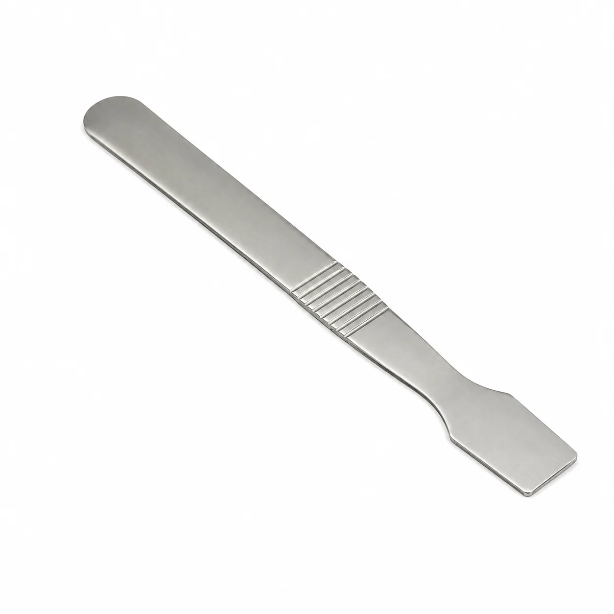 Stainless steel flat-spread knife with a rounded tip and grooved grip area for spreading butter or condiments.