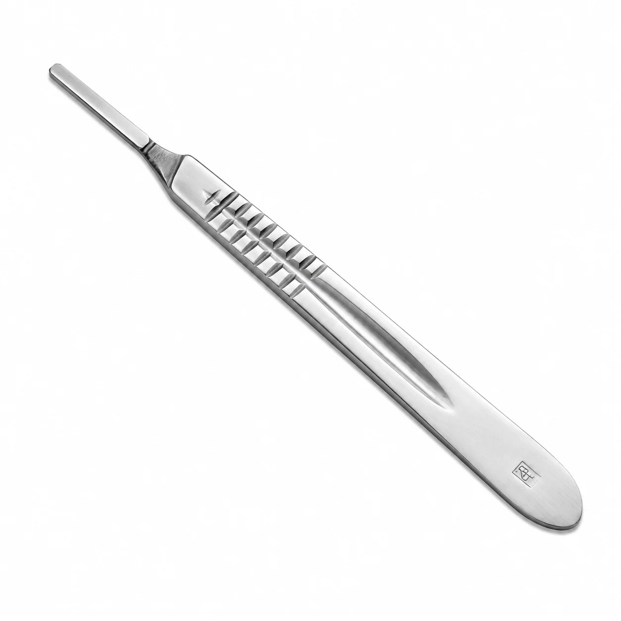 Stainless steel knife with a long, broad blade and ribbed textured handle laid diagonally across a white background.