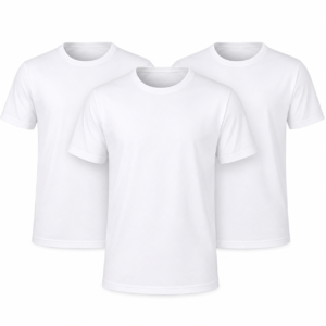 Three plain white crew-neck T-shirts layered together, short sleeves and no logos, on a white background.