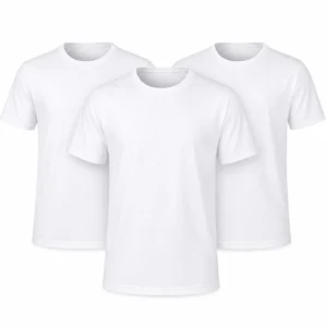 Three plain white crew-neck T-shirts layered together, short sleeves and no logos, on a white background.