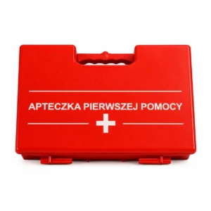 Red first aid kit with a white cross and the Polish label 'APTECZKA PIERWSZEJ POMOCY' on a white background
