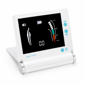 Apex locator dental device with a black screen showing a root canal file and depth gauge on the display and blue controls on the side, white casing
