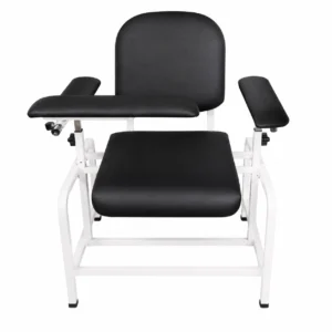 Medical examination chair with black padded seat, backrest, and armrests on a white metal frame.