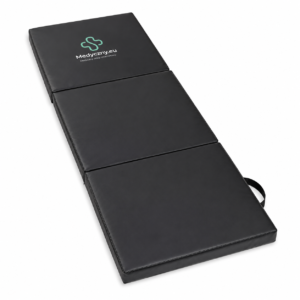 Black three-panel foldable gym/exercise mat with a carrying strap and Medyczny.eu logo on the top panel (medical site branding).