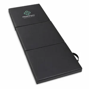 Black three-panel foldable gym/exercise mat with a carrying strap and Medyczny.eu logo on the top panel (medical site branding).