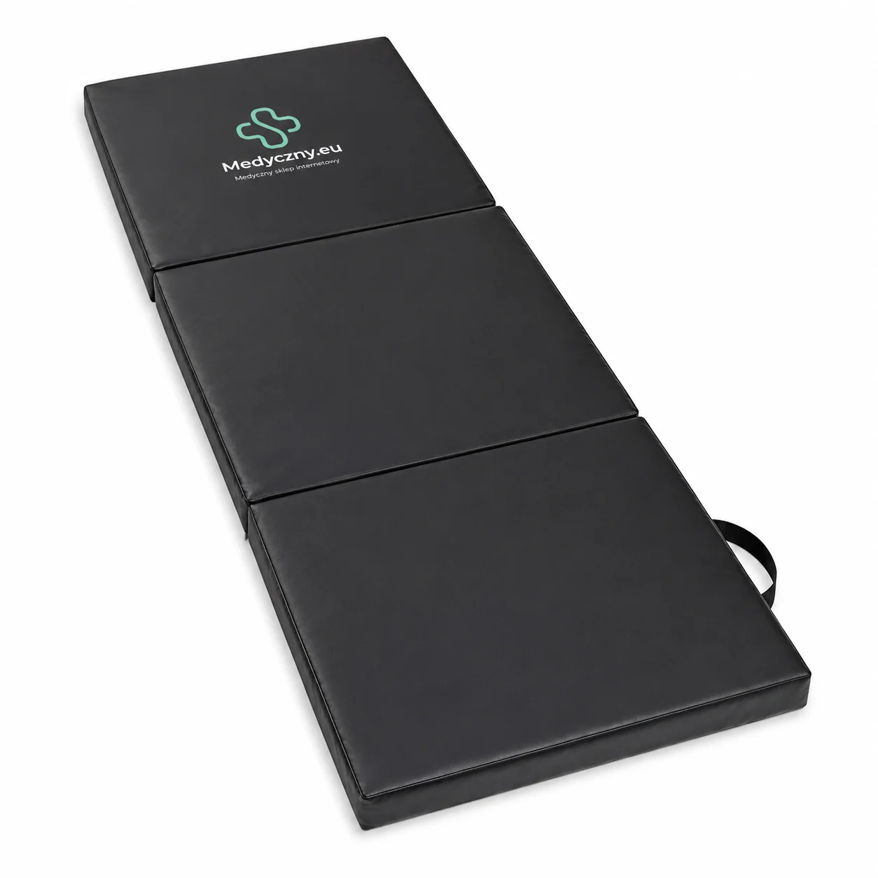Black three-panel foldable gym/exercise mat with a carrying strap and Medyczny.eu logo on the top panel (medical site branding).