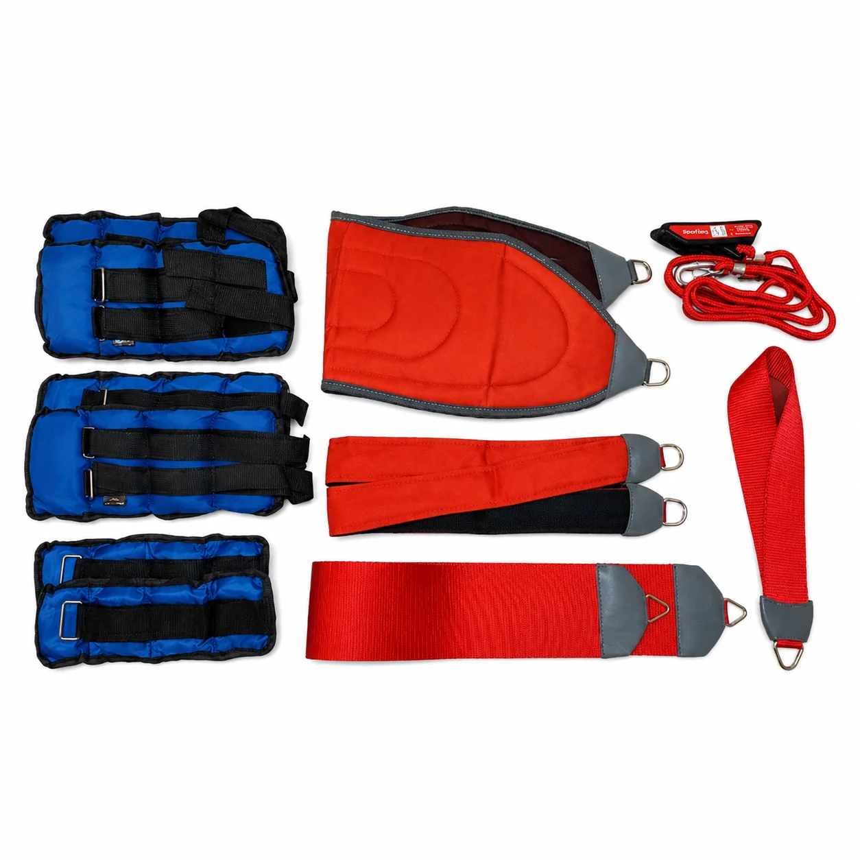 Resistance band set with red and blue padded ankle straps, handles, and clips laid out on white background.