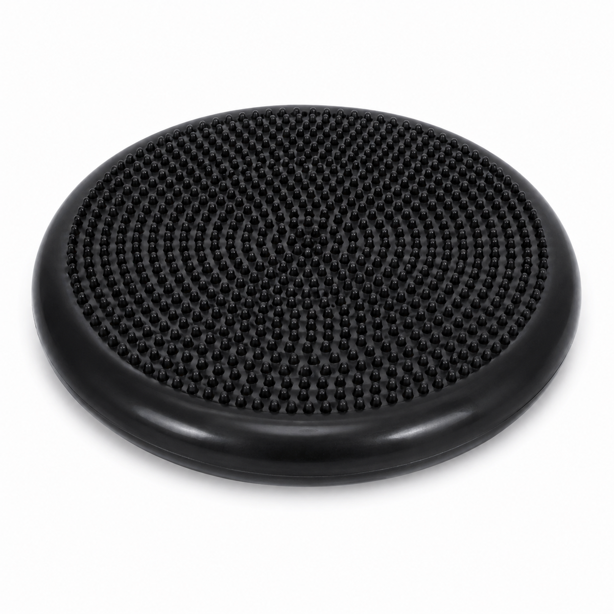Black circular balance disc with a textured studded surface for stability training