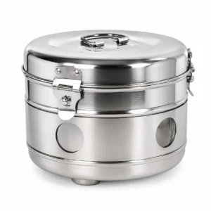 Shiny stainless steel two-tier lunch box with a secure latch and reflective finish.