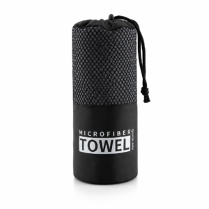 Black microfiber towel in a mesh drawstring pouch labeled 'MICROFIBER Towel' for quick-dry use.