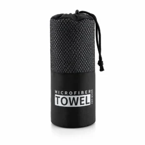 Black microfiber towel in a mesh drawstring pouch labeled 'MICROFIBER Towel' for quick-dry use.