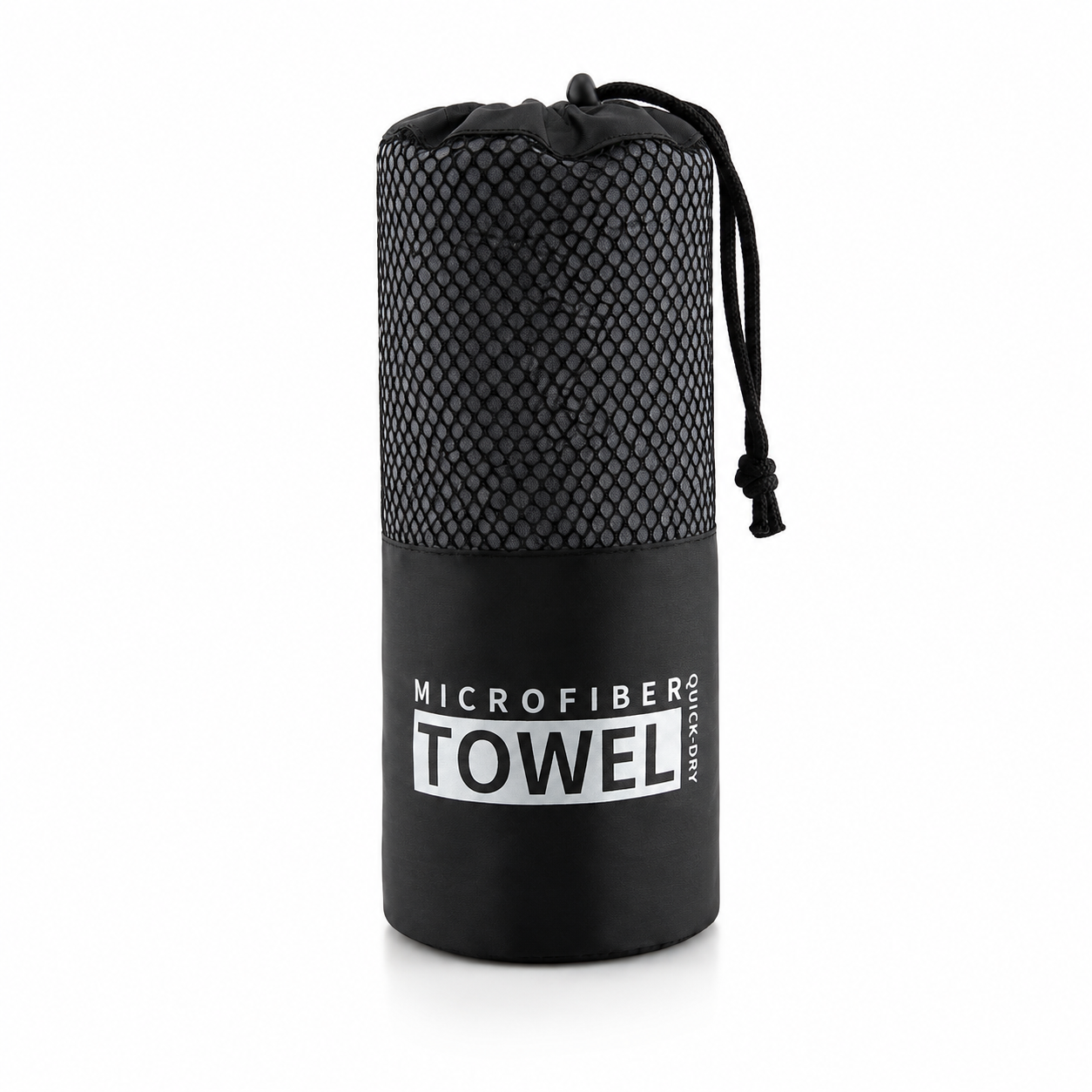 Black microfiber towel in a mesh drawstring pouch labeled 'MICROFIBER Towel' for quick-dry use.